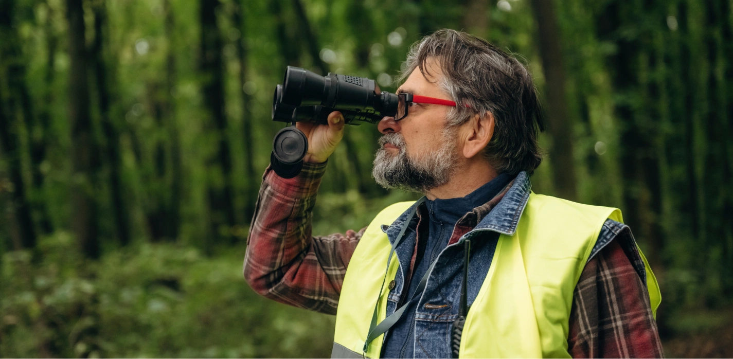 A man in a safety vest looking through binoculars